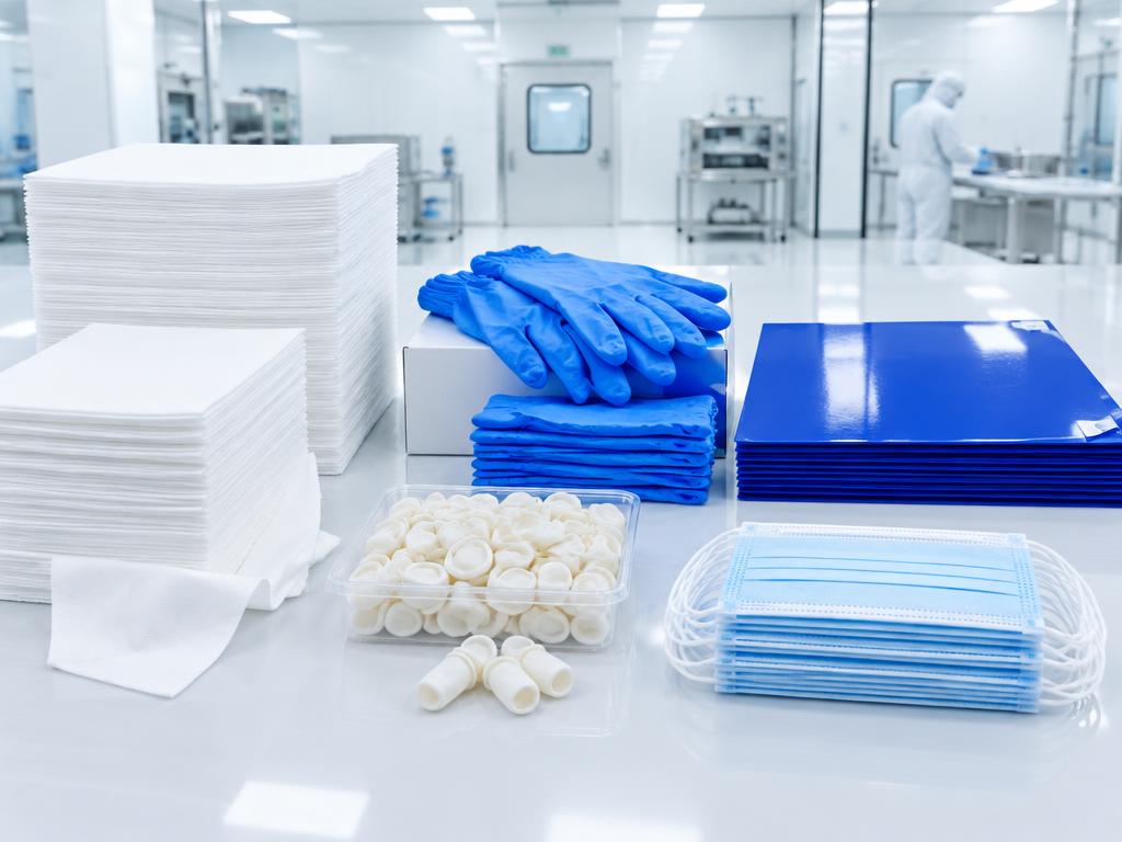 Cleanroom consumables including lint-free wipes, gloves, sticky mats, finger cots and face masks