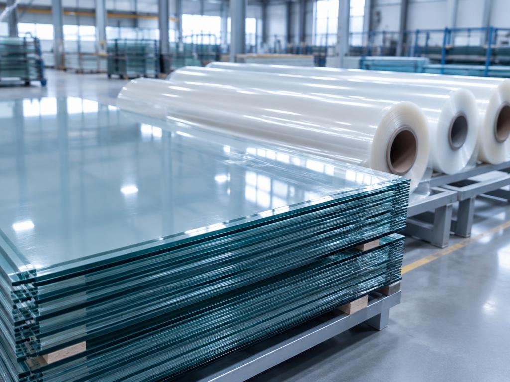 Stacked low-iron tempered solar glass sheets and rolls of encapsulant film in a warehouse